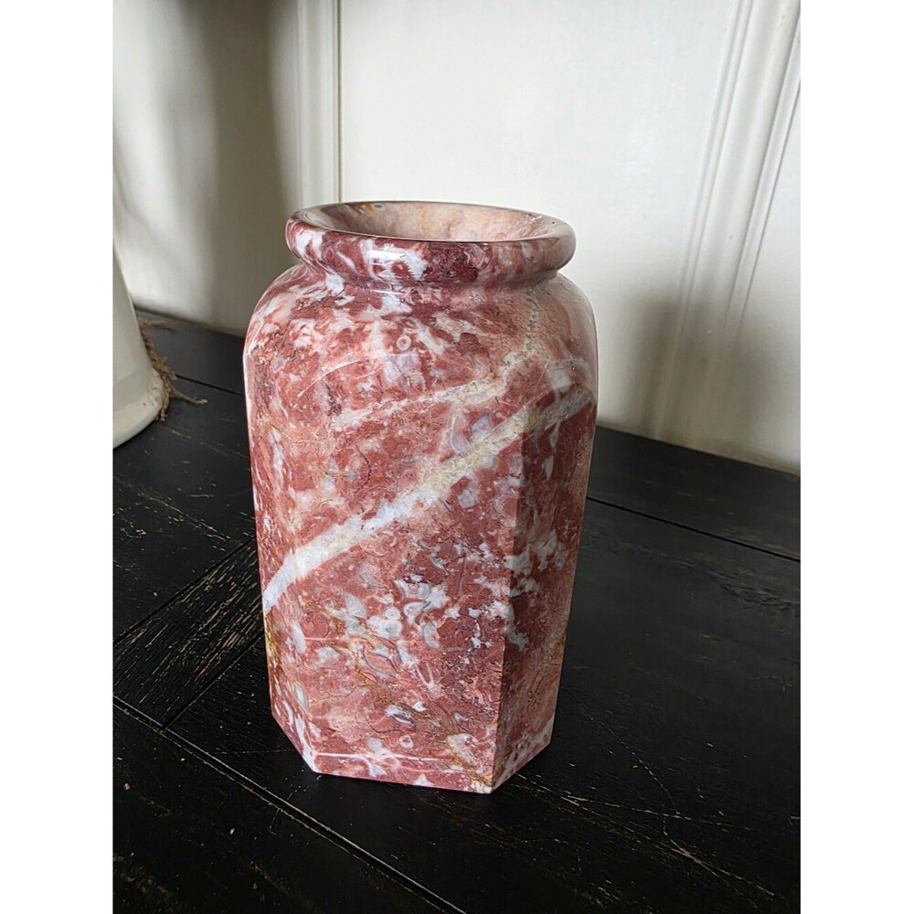 Vtg Italian Pink Marble Onyx Vase Small Geometric Octagonal Shape 6.5'H